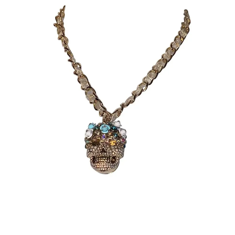 Betsey Johnson Ribbon Chain Collar Choker Crystal Pave Sugar Rose Skull Necklace